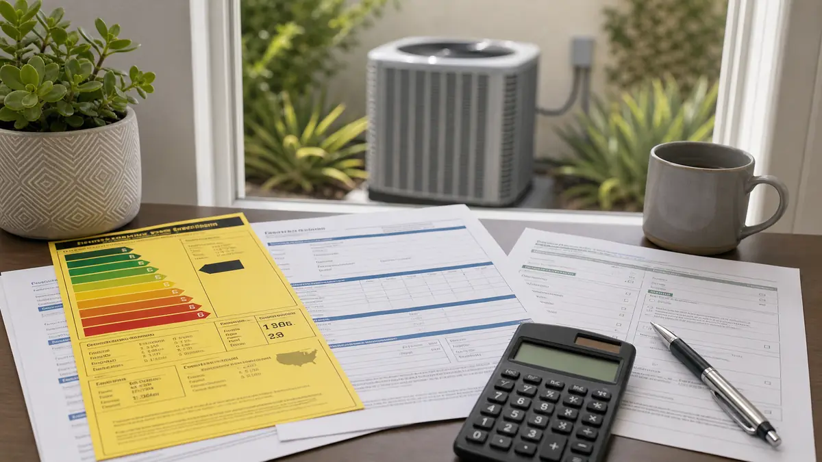 SEER2 rating label on a Carrier condenser at a Pasadena home