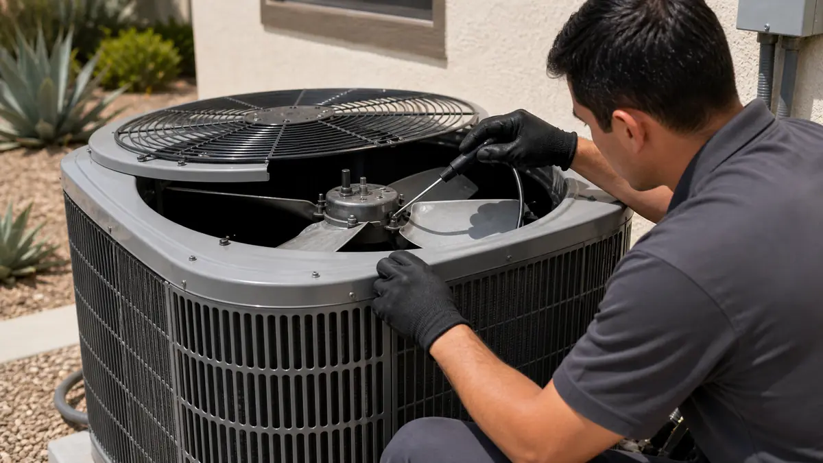 Technician listening to a Carrier condenser fan at a Pasadena home