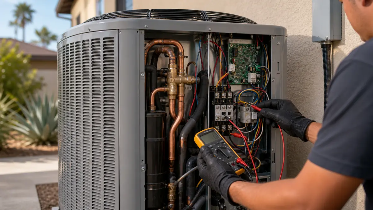 Carrier heat pump condenser being diagnosed at a Pasadena home