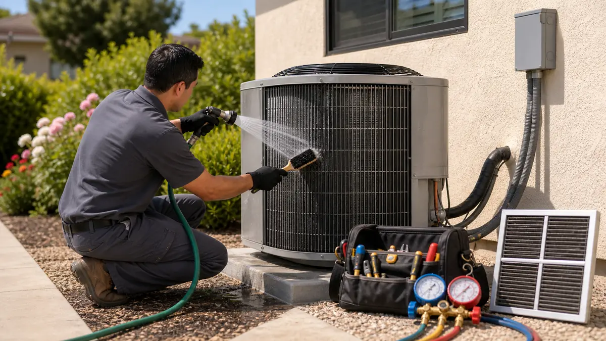 Carrier condenser coil being cleaned during a Pasadena maintenance visit